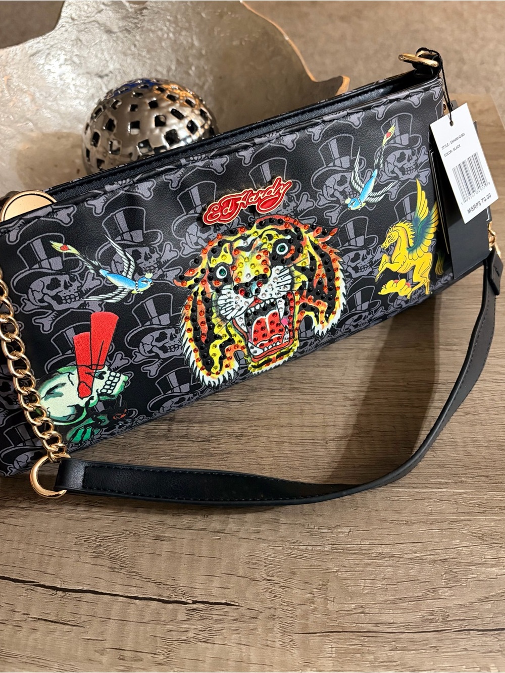 Ed Hardy Black Leopard Tattoo-Graphic Shoulder Bag